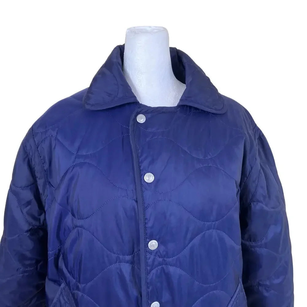 R45 45RPM JAPAN.  Navy Quilted Jacket Snap Closure Patch Pockets Padded Coat