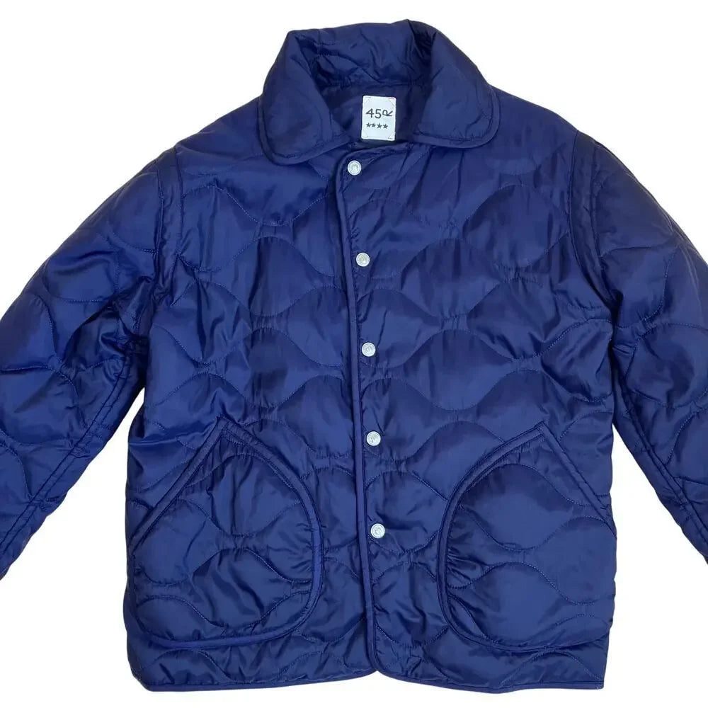 R45 45RPM JAPAN.  Navy Quilted Jacket Snap Closure Patch Pockets Padded Coat
