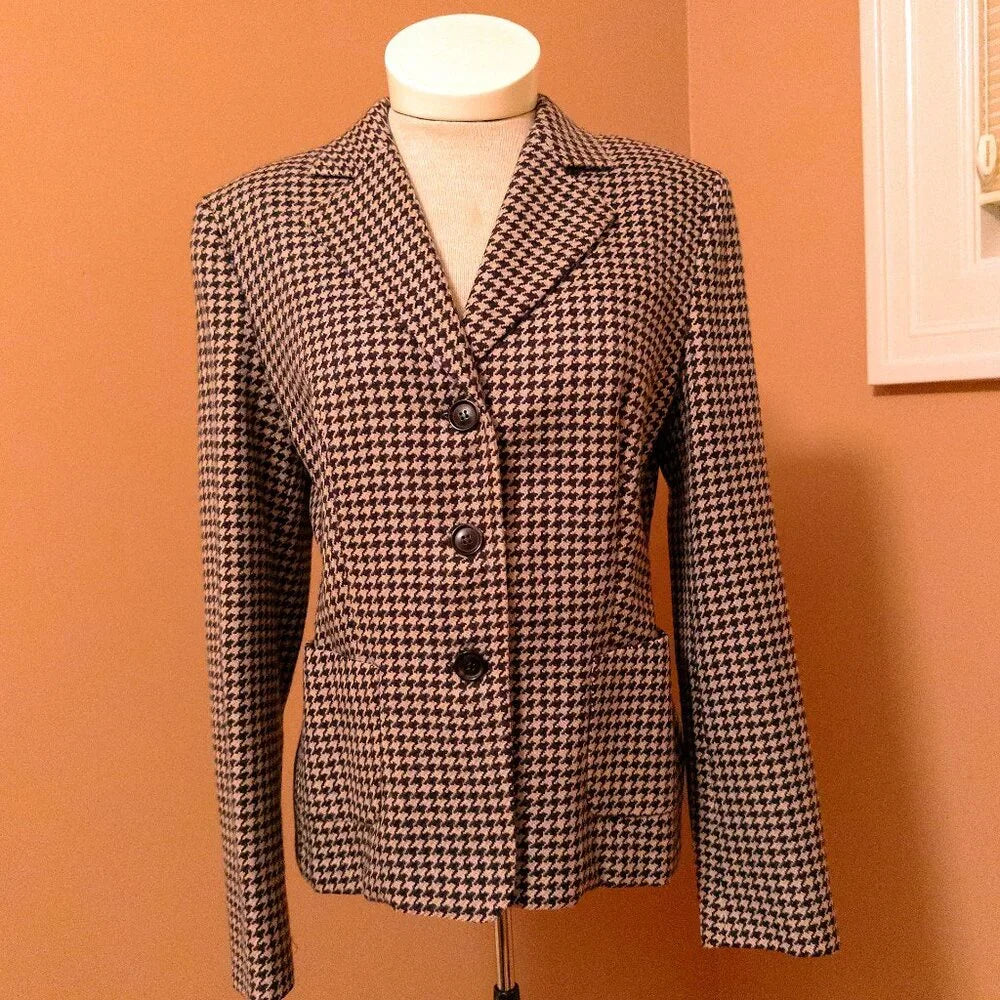 Max Mara Italy. Navy Tan Houndstooth Virgin Wool Cashmere Blazer