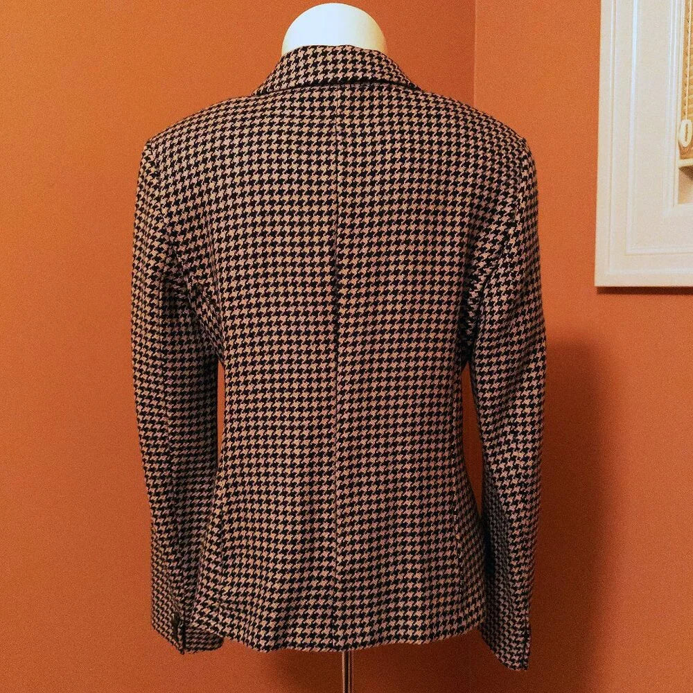 Max Mara Italy. Navy Tan Houndstooth Virgin Wool Cashmere Blazer