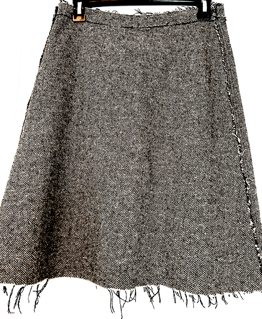 Lanvin PARIS. Gray Frayed Hem Intentional Deconstruction Herringbone A-Line Skirt