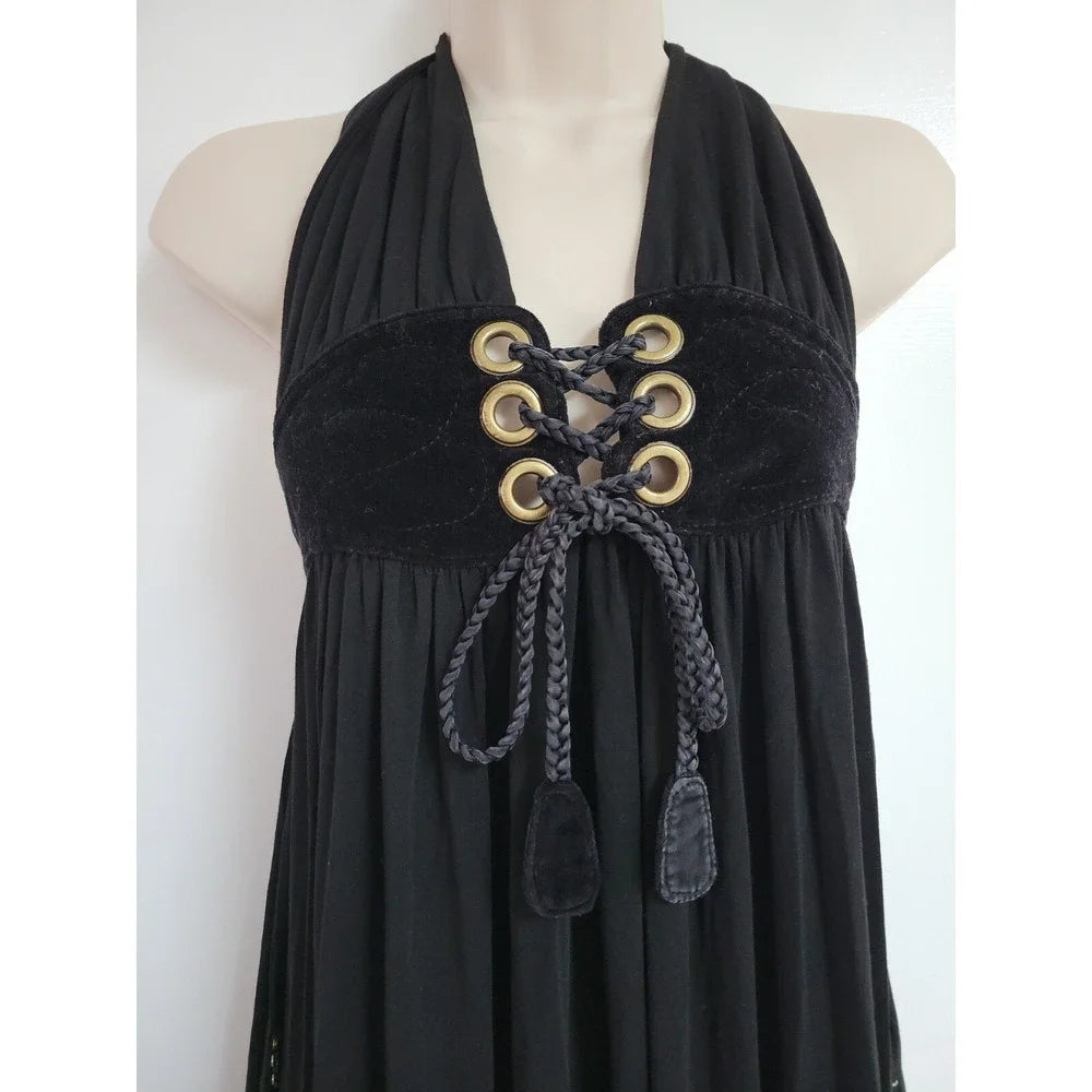 Helmut Lang NY. Black Halter Lace Up Maxi Dress