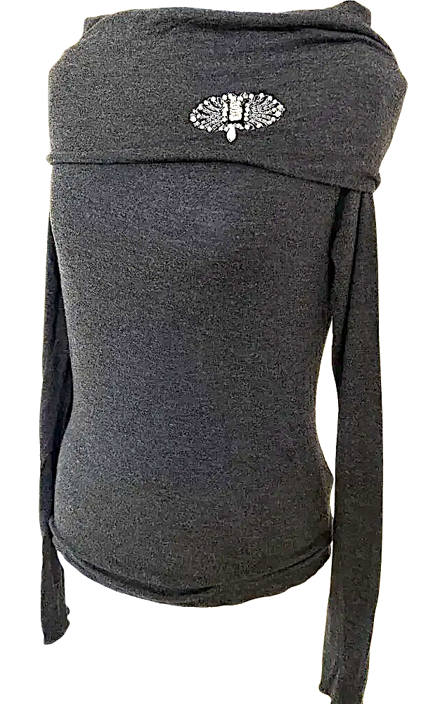 Blumarine Italy. ANNA MOLINARI.  Heather Gray Off-Shoulder Top Jeweled Brooch