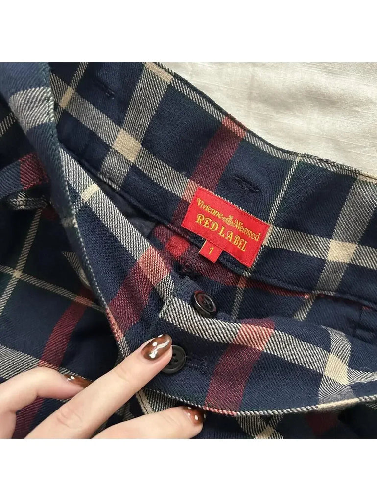 Vivienne Westwood UK. Red Label wool blend navy blue plaid trousers