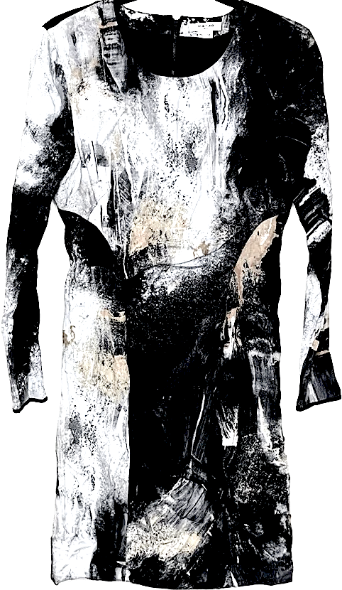 HELMUT LANG. GRAY & GOLD ABSTRACT ART DRESS LONG SLEEVES