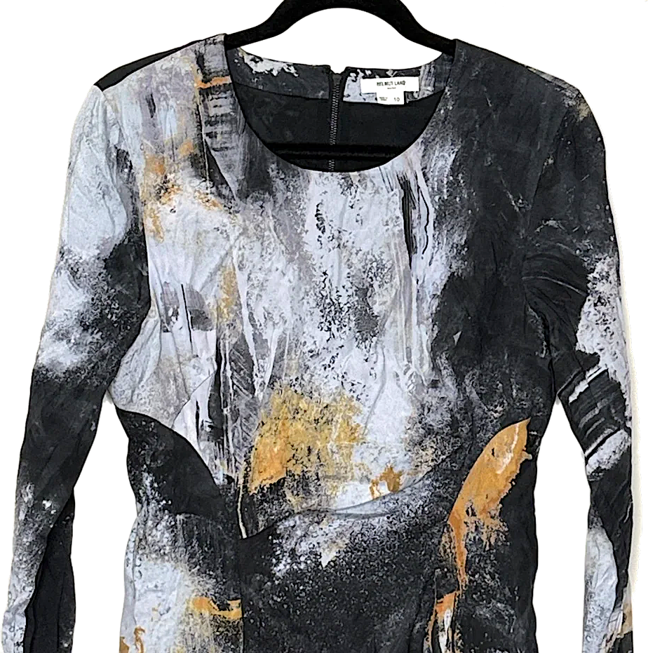 HELMUT LANG. GRAY & GOLD ABSTRACT ART DRESS LONG SLEEVES