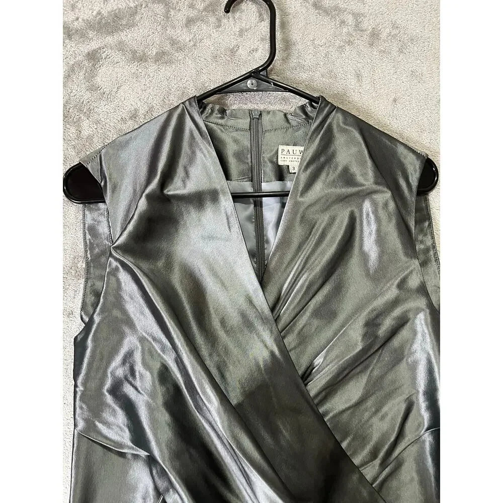 PAUW Amsterdam. SILVER Metallic 100% Silk Cocktail Dress‎