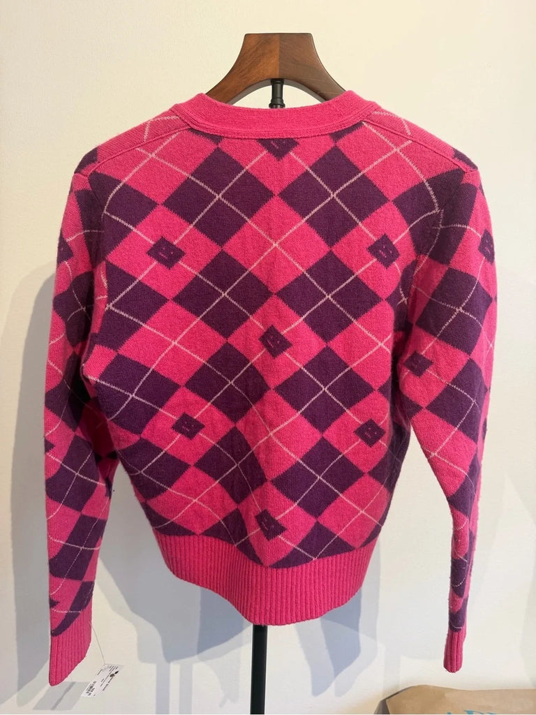 Acne Studios STOCKHOLM. Pink Purple Argyle Face Logo Wool Cardigan