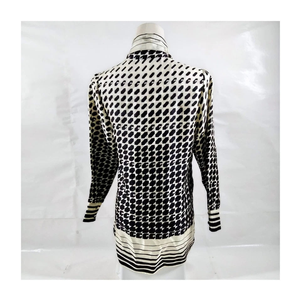 Gucci Italy. Vintage Geo Graphic Print Silk Tie Blouse