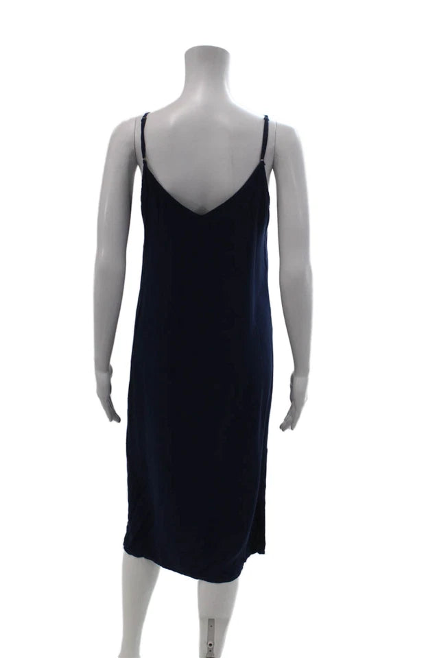 Splendid Japan. Dark Blue V Neck Sleeveless Viscose Full Length Slip Dress