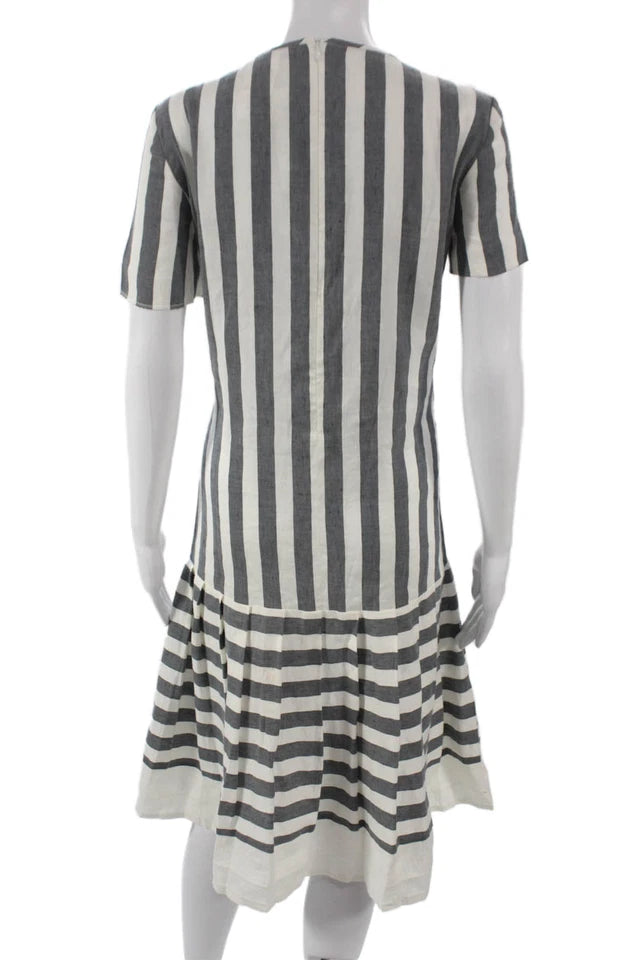 Max Mara Italy. Gray Striped Linen Short Sleeve Midi Shift Dress