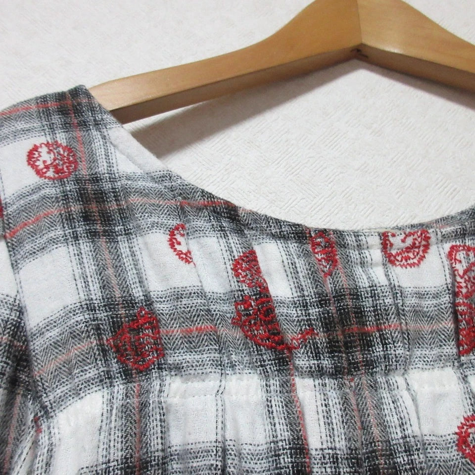 AS KNOW ANY WEAR JAPAN. Gray and Red Check Embroidered Long Sleeve Dress