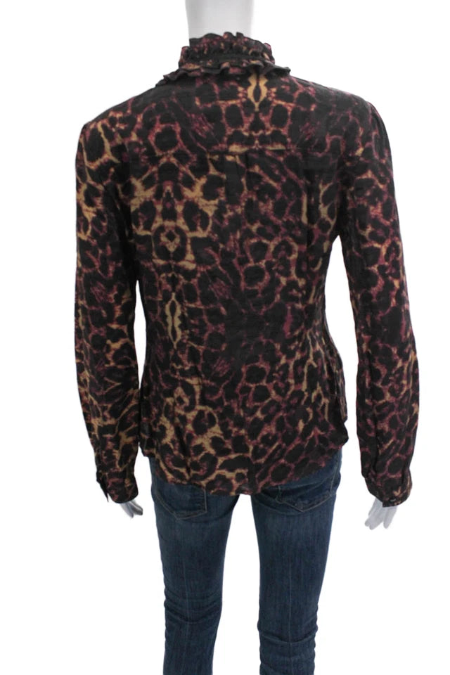 DONNA KARAN DKNY Jeans NY. Multi-Color  Animal Print Collared Long Sleeve Blouse
