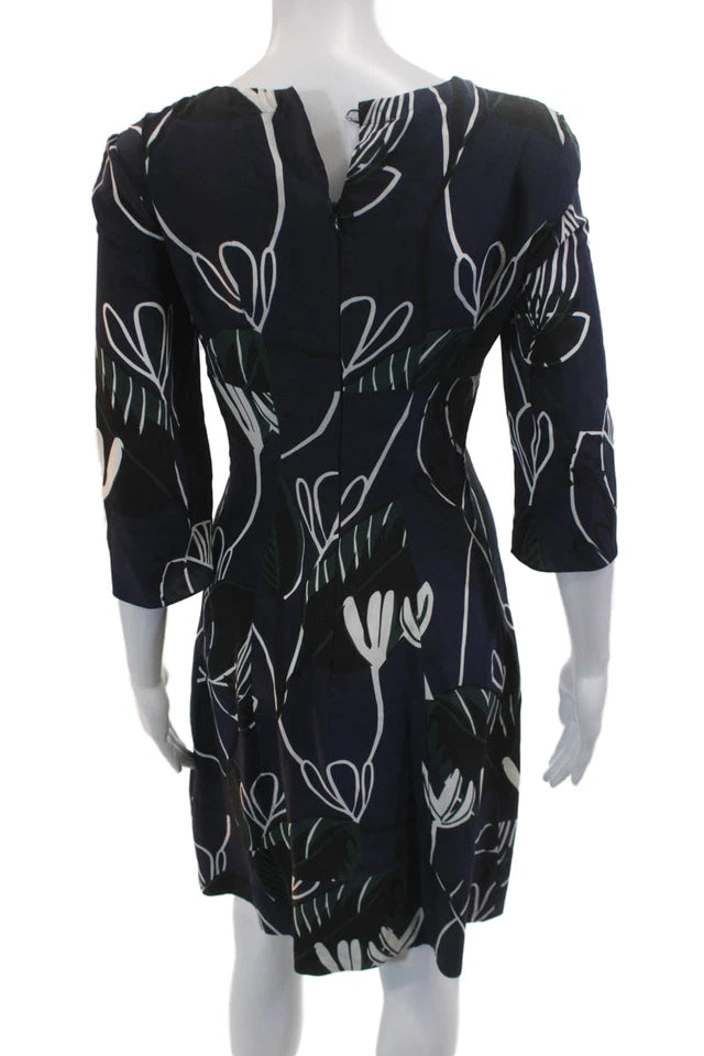 Marni Italy. Dark Blue Silk Floral Shift Dress, 3/4 Sleeve Knee