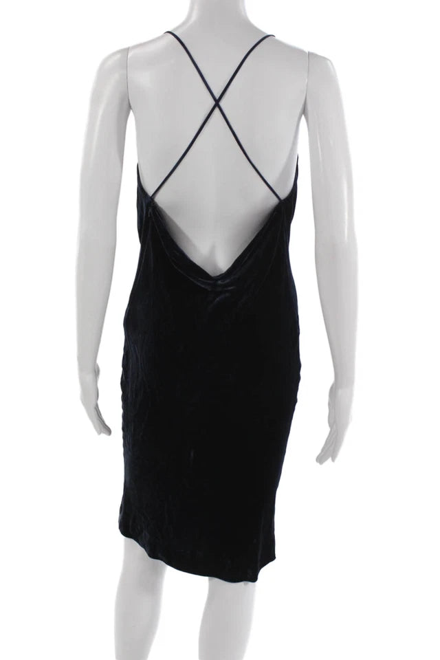 Joseph London. Blue Velour Cowl Neck Sleeveless Rayon/Silk Slip Dress
