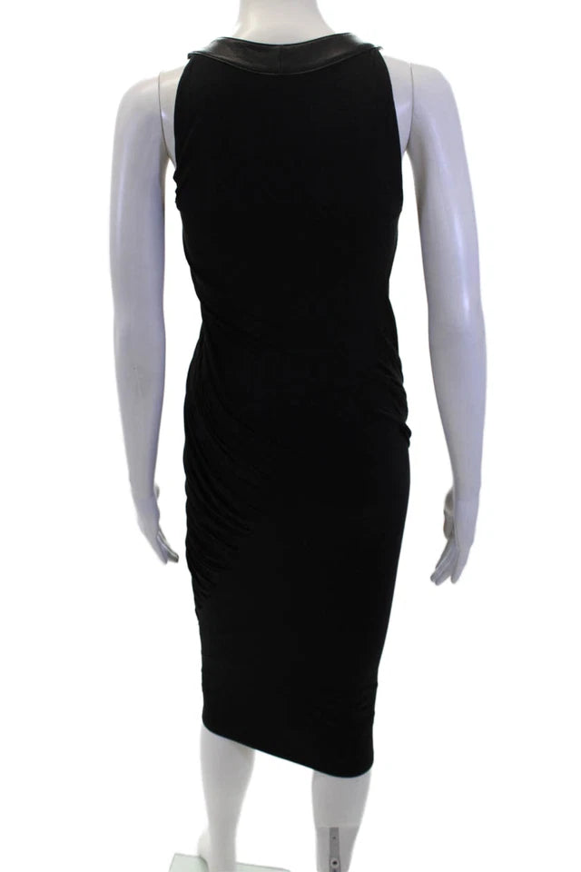 Donna Karan NY. Black Sleeveless Viscose/Rayon Blend Leather Trim Rouched Mini Dress