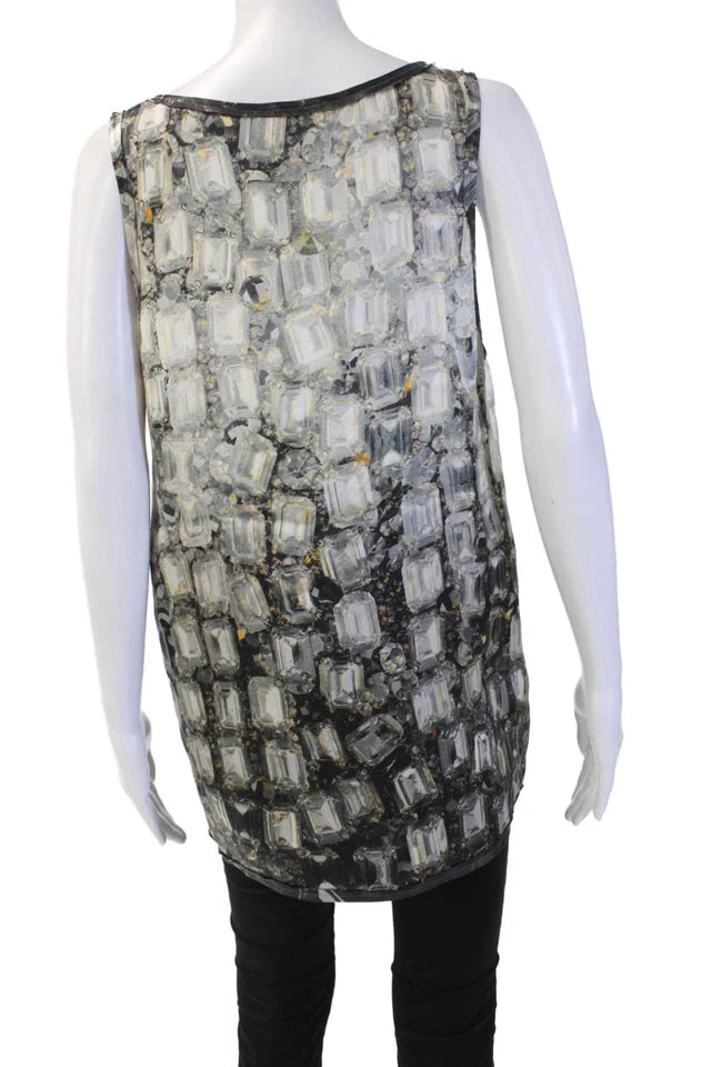 Lanvin Paris. Black/Grey Geometric Print Silk Sleeveless Tunic