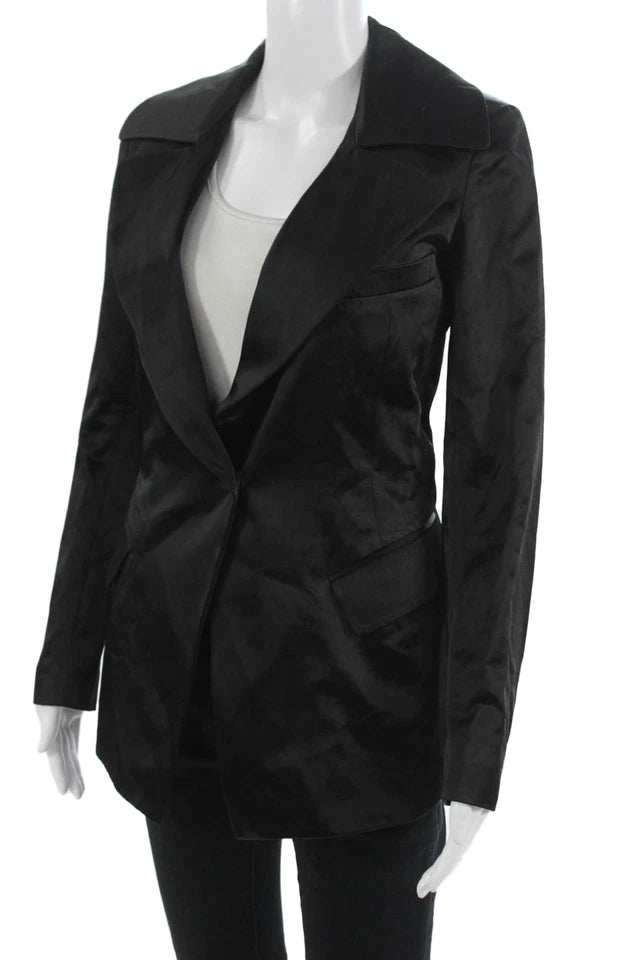 Donna Karan. Black Collared Button Cotton/Nylon Long Sleeve Blazer