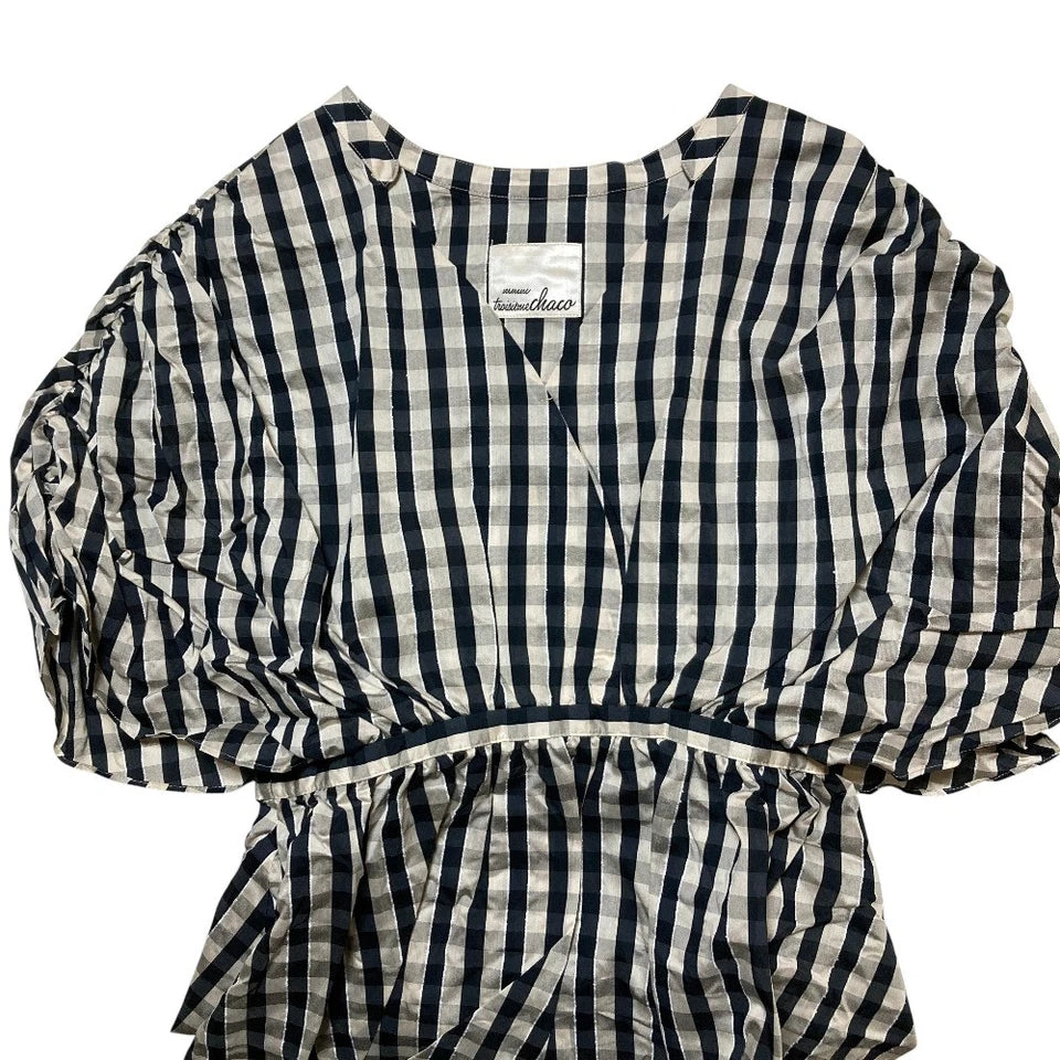 troisiemechaco Japan. Navy Check Rayon/Tencel Blend Gathered Blouse