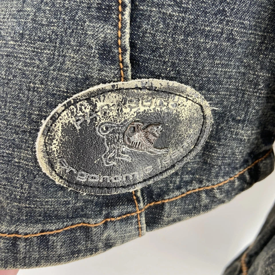 Parasuco Milan/Montreal. Distressed Blue Denim Jean Jacket w/embellishments