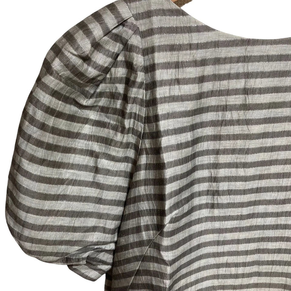 ADORE JAPAN. Grey Puff Sleeve Striped Linen Dress