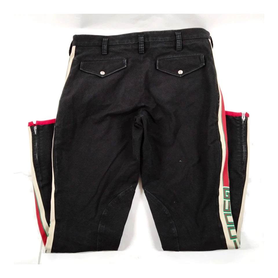 Gucci Italy. UNISEX Black Cotton Polyurethane Red Stripe Gucci Logo Pants