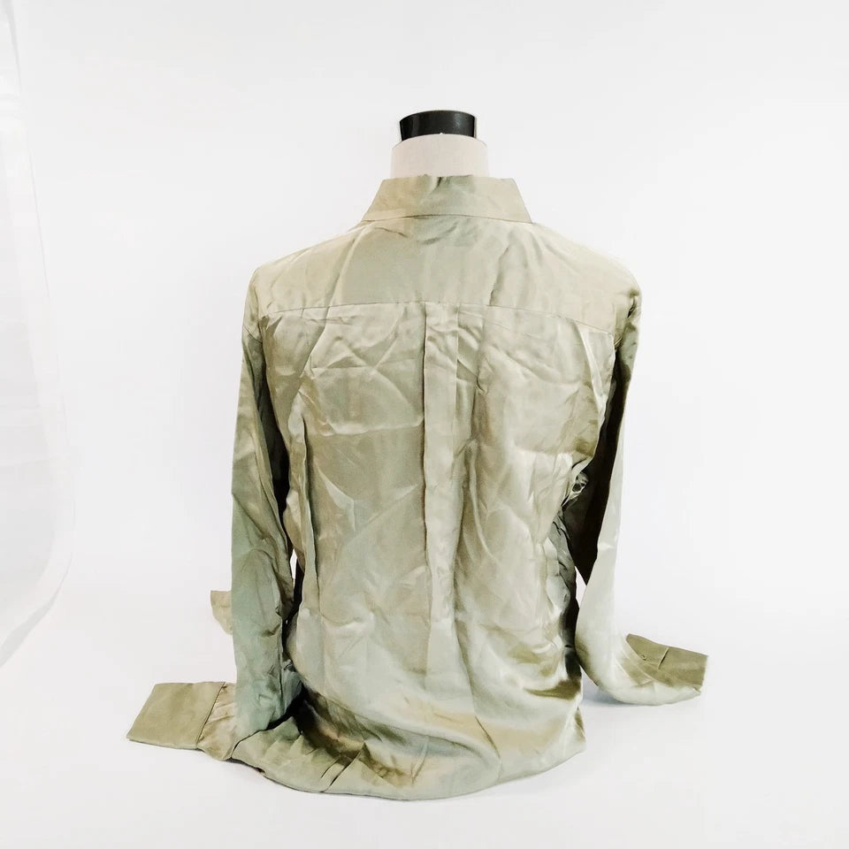 Bottega Veneta ITALY. Pre-Spring 2020 Collection Green Silk Long Sleeve Button-Up Top