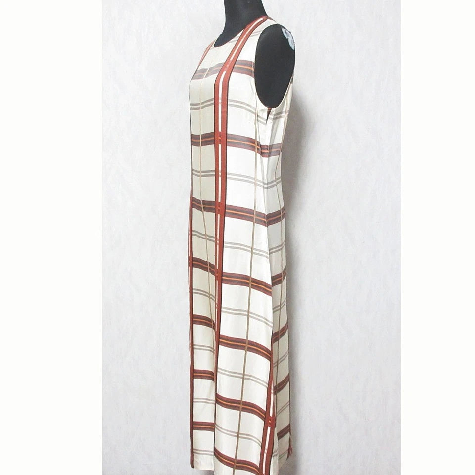 LIVIANA CONTI ITALY. Beige Rayon Check Sleeveless Dress