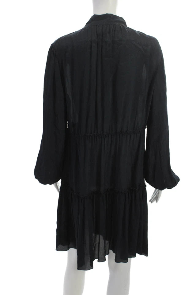 CHLOE PARIS. See by Chloe. Black Mini Silk High Neck Tie Long Sleeve Dress