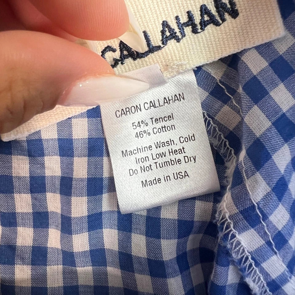 Caron Callahan NYC. Blue Cotton/Tencel Gingham 3/4 Sleeve Maxi Dress