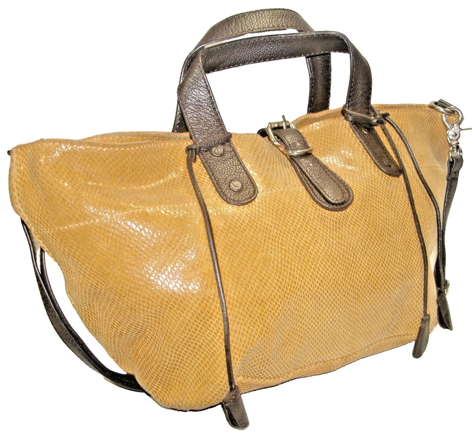 Marni ITALY. Light Brown Snake Embossed Leather Dk Brown Handles Satchel Shoulder Bag