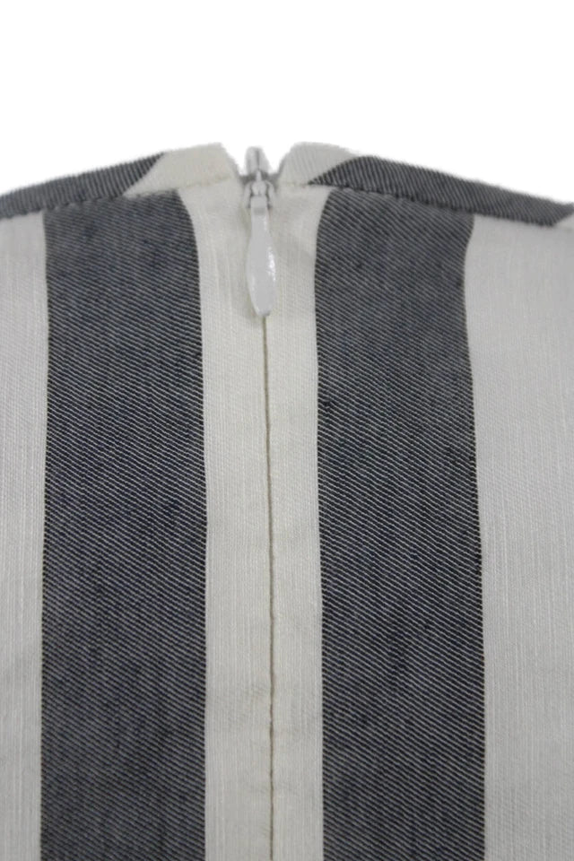 Max Mara Italy. Gray Striped Linen Short Sleeve Midi Shift Dress