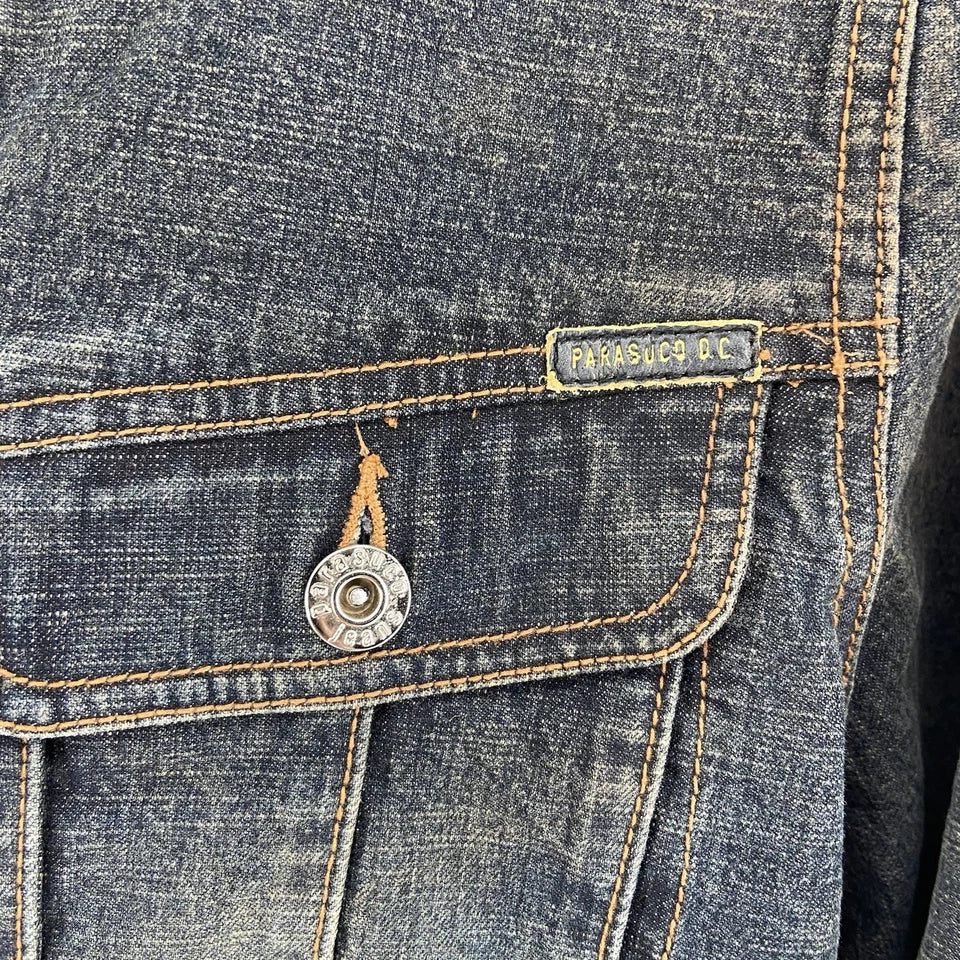 Parasuco Milan/Montreal. Distressed Blue Denim Jean Jacket w/embellishments
