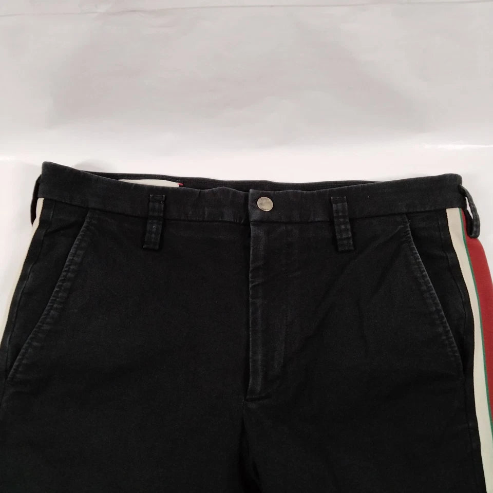 Gucci Italy. UNISEX Black Cotton Polyurethane Red Stripe Gucci Logo Pants