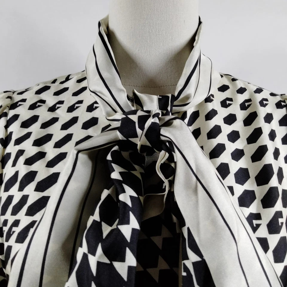 Gucci Italy. Vintage Geo Graphic Print Silk Tie Blouse