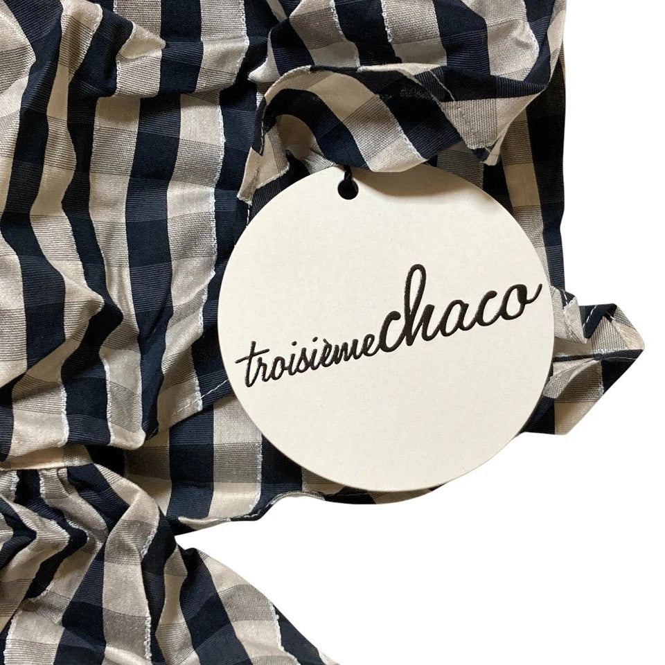 troisiemechaco Japan. Navy Check Rayon/Tencel Blend Gathered Blouse