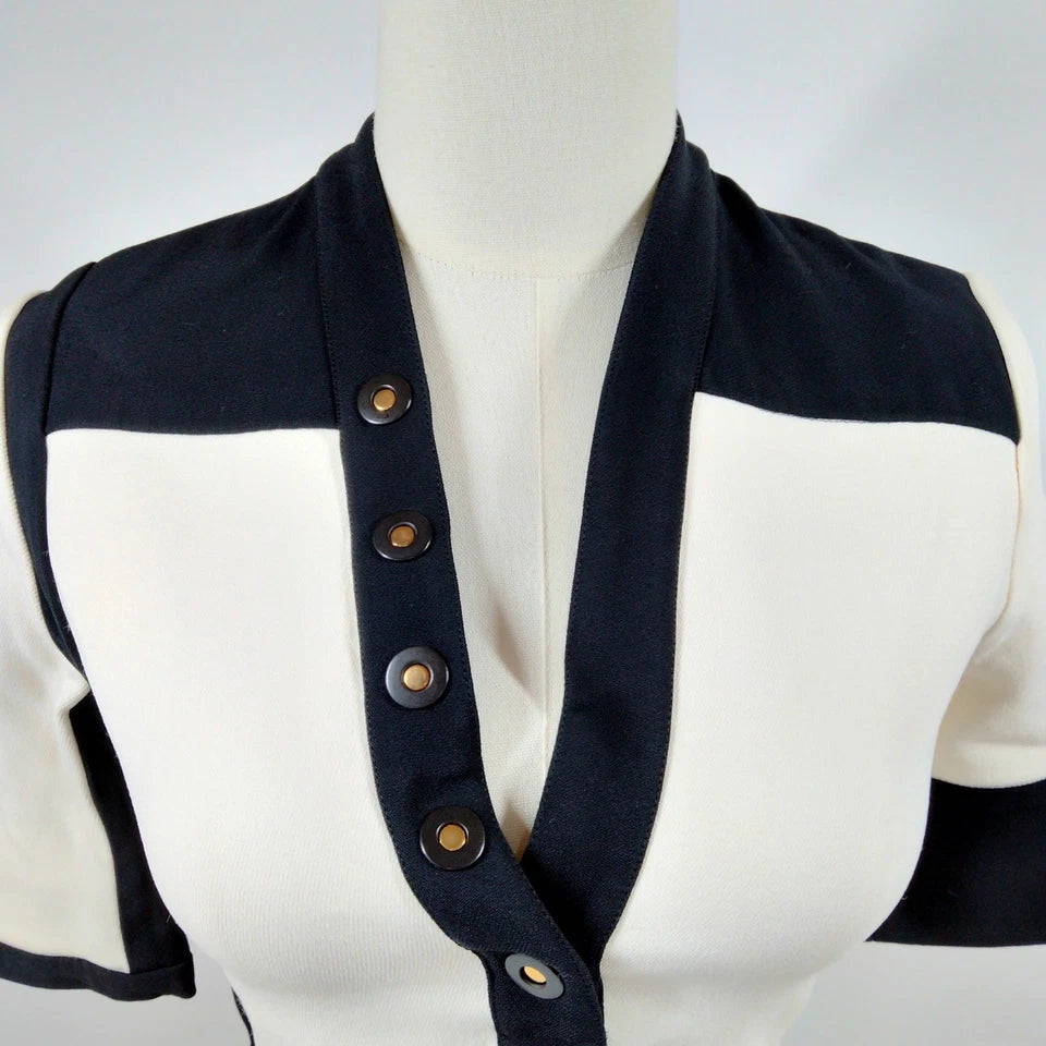 Balenciaga Paris. Black/White Rayon Polyurethane Acetate Dress Button Accents