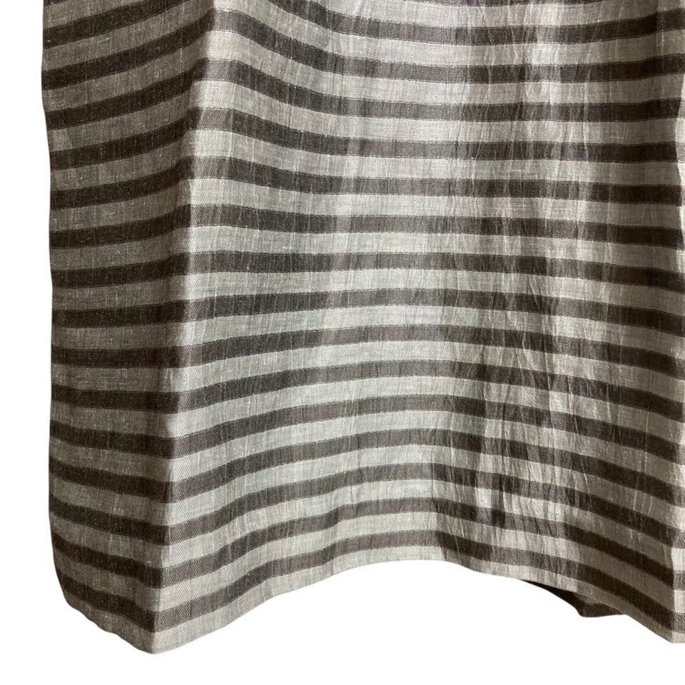 ADORE JAPAN. Grey Puff Sleeve Striped Linen Dress
