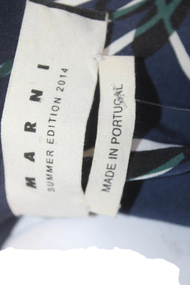 Marni Italy. Dark Blue Silk Floral Shift Dress, 3/4 Sleeve Knee