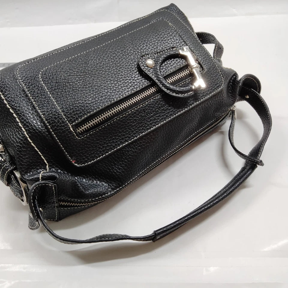 FERRAGAMO ITALY. Black Pebbled Leather Long Strap Shoulder Bag