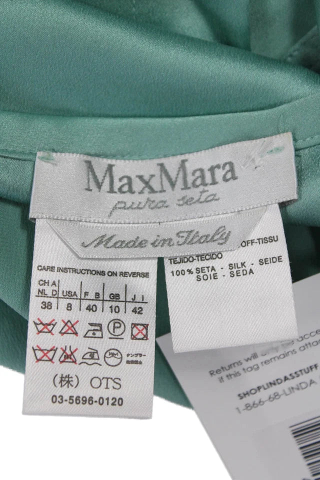 Max Mara Italy. Green Silk Round Neck Button Long Sleeve Basic Blouse