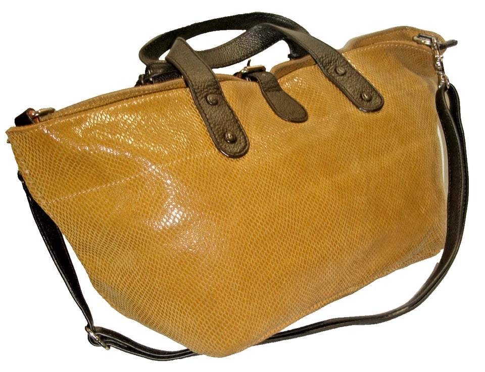 Marni ITALY. Light Brown Snake Embossed Leather Dk Brown Handles Satchel Shoulder Bag