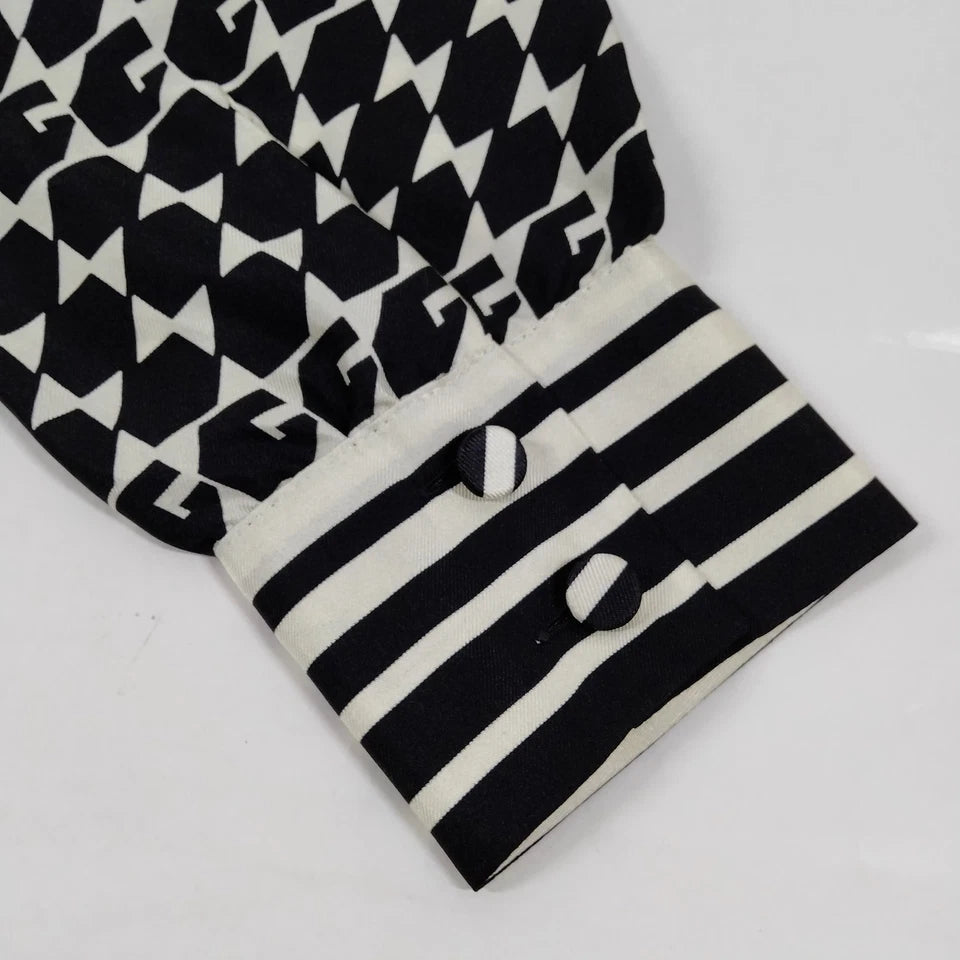 Gucci Italy. Vintage Geo Graphic Print Silk Tie Blouse