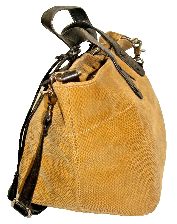 Marni ITALY. Light Brown Snake Embossed Leather Dk Brown Handles Satchel Shoulder Bag
