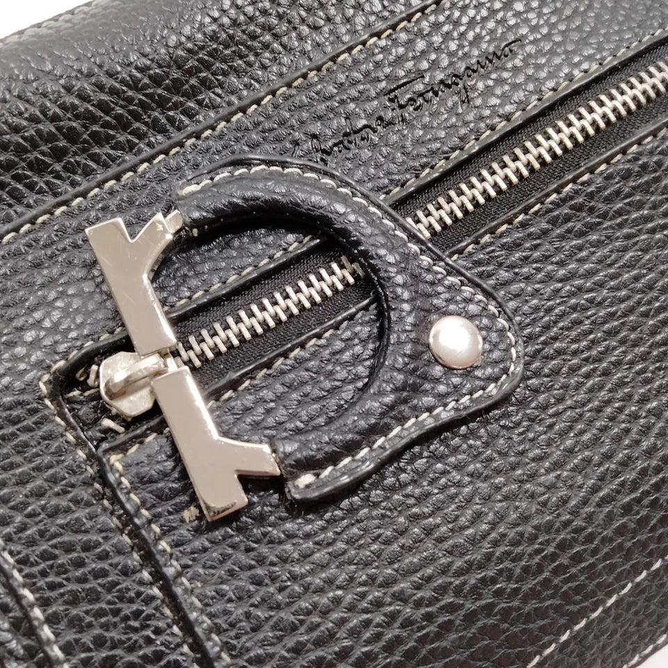 FERRAGAMO ITALY. Black Pebbled Leather Long Strap Shoulder Bag