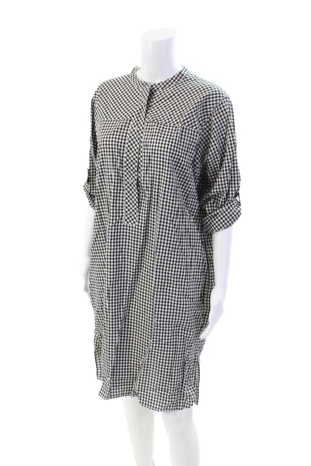 DONNA KARANA Pure DKNY.  Cotton Gingham Crew Neck Long Sleeve Dress
