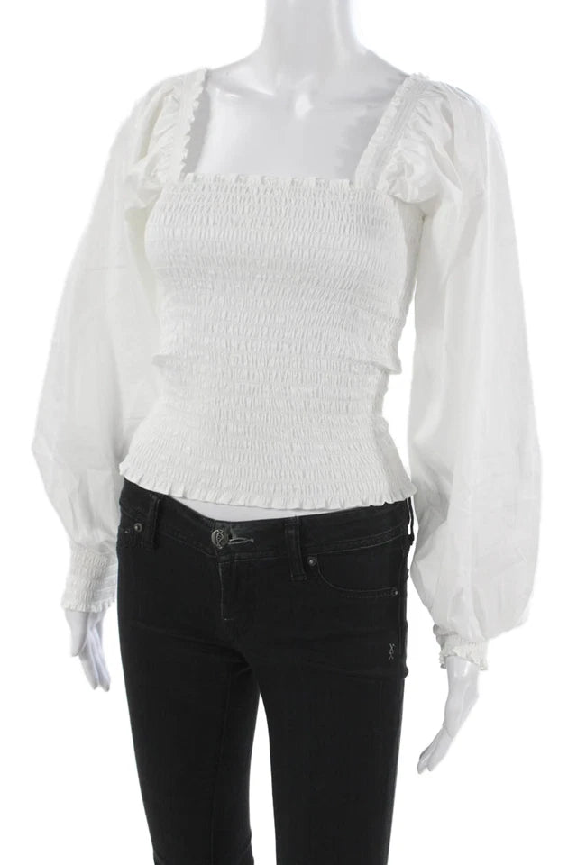 La Ligne NY. White Cotton Square Neck Long Sleeve Blouse