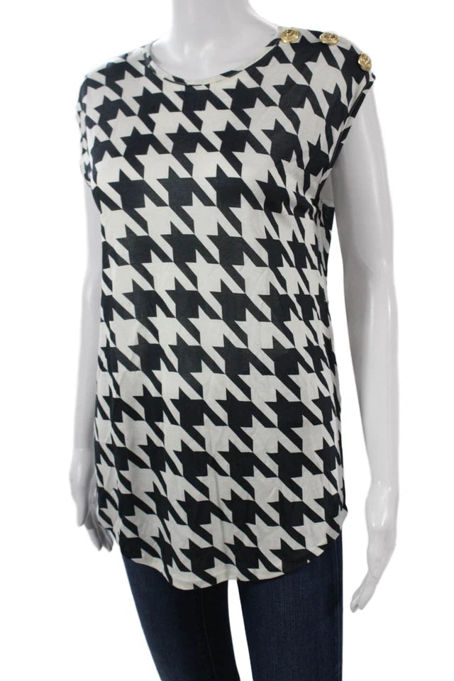 BALMAIN PARIS. B/W Houndstooth Pattern Sleeveless Top