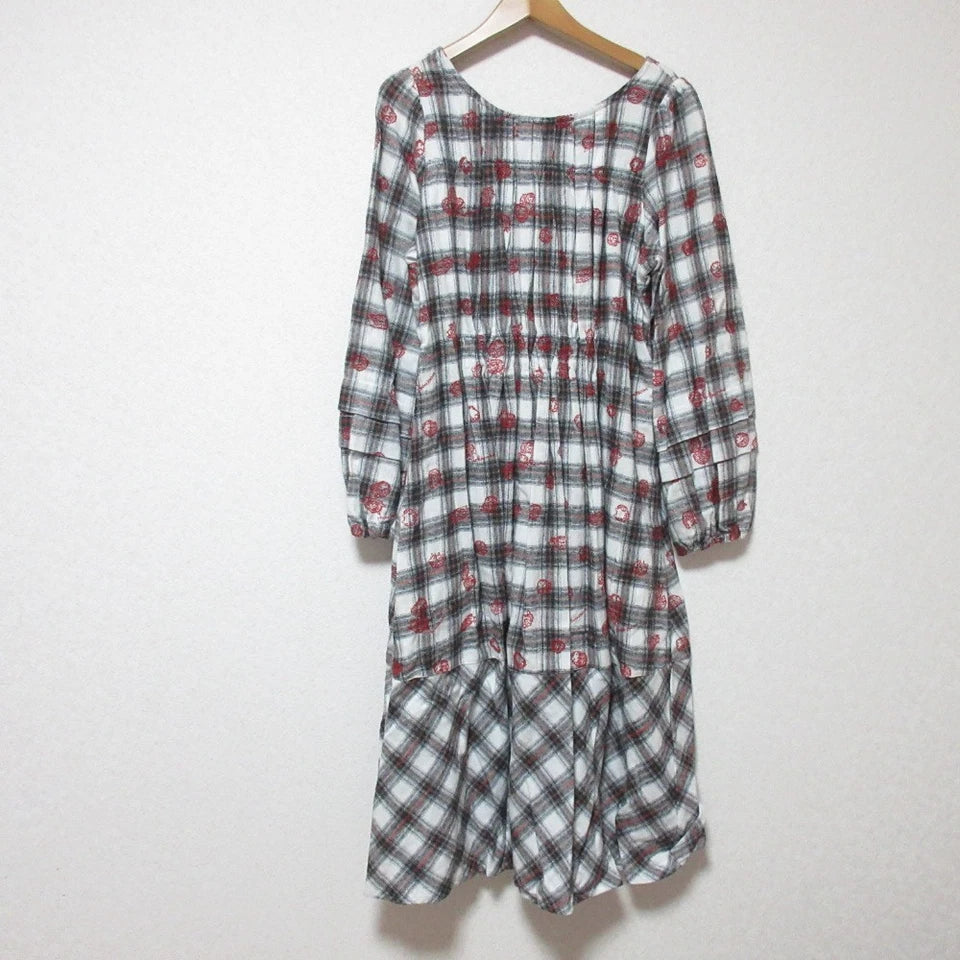 AS KNOW ANY WEAR JAPAN. Gray and Red Check Embroidered Long Sleeve Dress