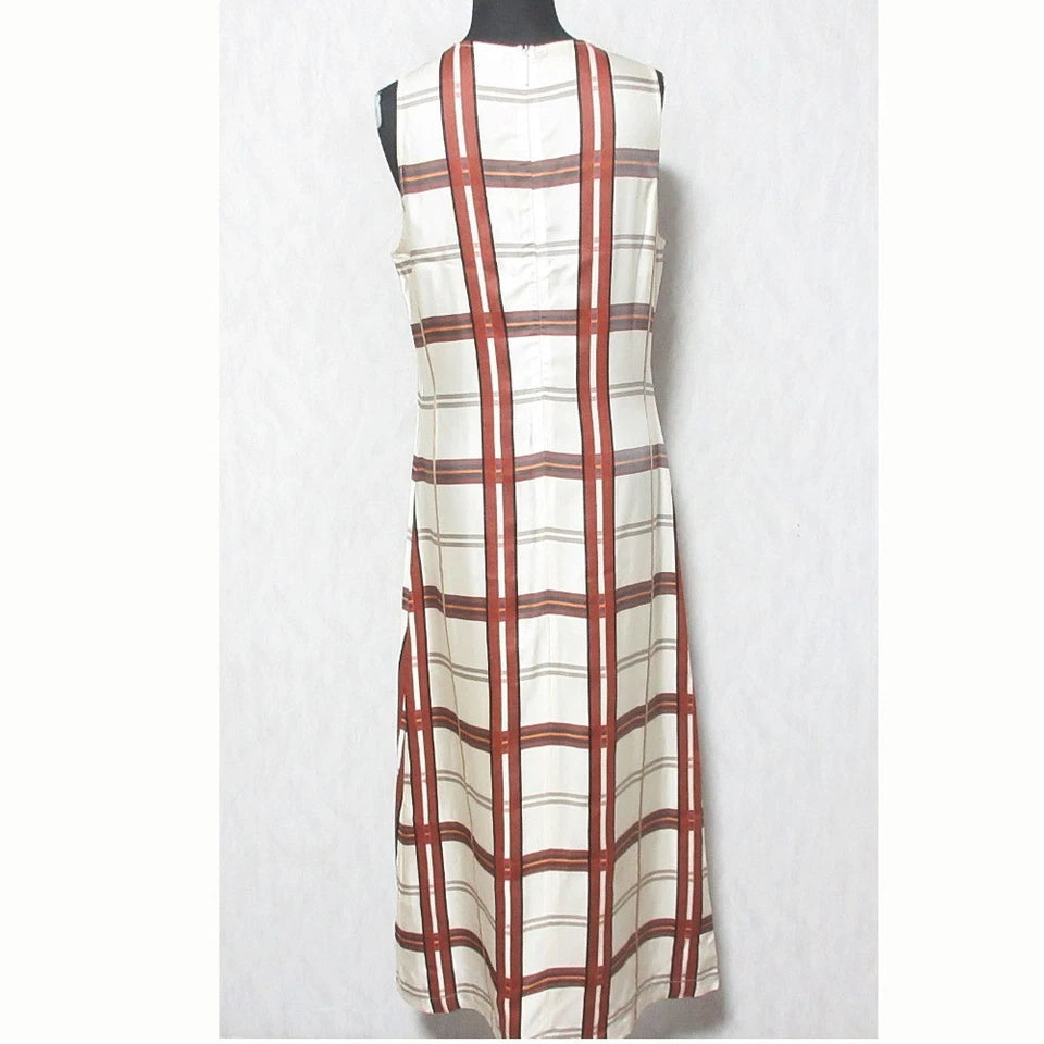 LIVIANA CONTI ITALY. Beige Rayon Check Sleeveless Dress